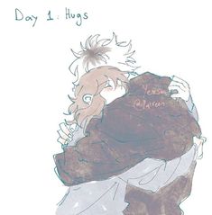 a drawing of a guy hugging another guy with the words day 1 hugs on it