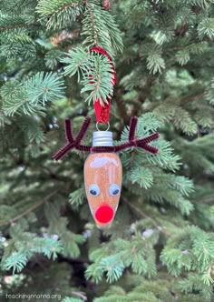 a christmas ornament hanging from a tree with a reindeer face on it's head