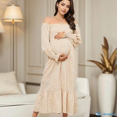 Orcajump - Pregnant Womens Long-sleeved Chiffon Dress with Small Floral Print Flowy Casual Maternity Dress, Casual Long Sleeve Maternity Dress For Fall, Casual Long Sleeve Maternity Dress, Maternity Long Sleeve Maxi Dress For Fall, Maternity Maxi Dress With Long Sleeves For Fall, Long Sleeve Maternity Maxi Dress For Fall, Long Sleeve Maternity Dress For Fall, Flowy Long Sleeve Maternity Dress, Fall Maternity Long Sleeve Dresses