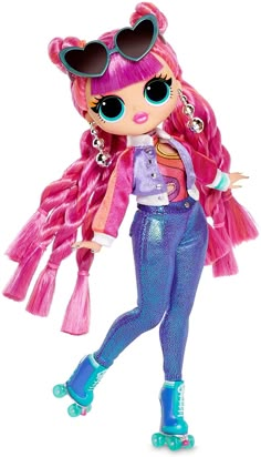 a doll with pink hair and sunglasses