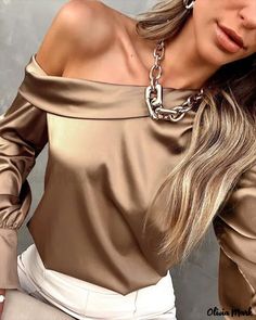 Color: champagne, Size: XL Fall Party Blouse With Cold Shoulder, Fall Party Cold Shoulder Blouse, Chic Off-shoulder Blouse, Solid Off-shoulder Tops For Party, Chic Off-shoulder Solid Color Blouse, Solid Off-shoulder Party Tops, Chic Solid Color Off-shoulder Blouse, Off-shoulder Evening Blouse For Fall, Off-shoulder Blouse For Evening In Fall