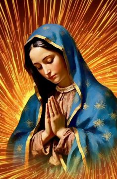 the virgin mary with her hands together in front of fireworks and sparkles