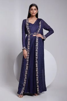 Shop for Rajkumari and Suresh Blue Crepe And Crush Satin Silk Embroidered Jacket And Pre-draped Saree Set for Women Online at Aza Fashions Embroidered Pre-draped Saree With Long Sleeves For Reception, Embroidered Pre-draped Saree For Party, Long Sleeve Embroidered Pre-draped Saree For Party, Embroidered Long Sleeve Pre-draped Saree For Party, Festive Embellished Pre-draped Saree With Long Sleeves, Festive Embellished Long Sleeve Pre-draped Saree, Festive Long Sleeve Embellished Pre-draped Saree, Long Sleeve Pre-draped Saree With Zari Work, Festive Embroidered Pre-draped Saree With Long Sleeves