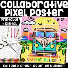 an image of a poster with scissors and pencils in front of it that says collage creative pixel poster printable digital