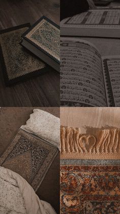 four different rugs are arranged on the floor, including one with an open book