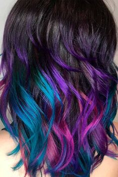 Hidden Peacock Hair Color, Vivid Hair Color Balayage, Vivid Balayage, Galaxy Hair Color, Pelo Color Vino, Dark Purple Hair Color, Hair Color 2017, Blue Purple Hair, Aline Bob