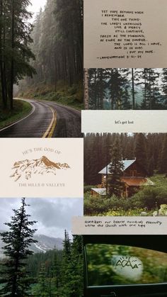 a series of photographs with trees and mountains in the background