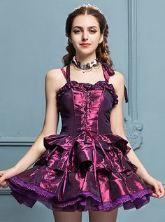 Palace Style Slim Sweet Classic Lolita Sling Dress Satin Fashion, Classic Lolita, Corset Fashion, Girly Dresses, Shiny Clothes, Maid Dress, Sling Dress, Love Live, Purple Fashion