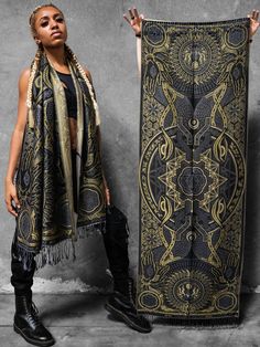 PROTECTED BY INTENT ✦ GOLD ✦ FESTIVAL SHAWL Pashmina Scarves, Trippy Shirts, Festival Scarves, Edm Outfits, Greater Good, Tie Styles, Pashmina Scarf, Original Bags, Shawls And Wraps