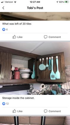 the kitchen cabinets are full of utensils and other things to cook in them