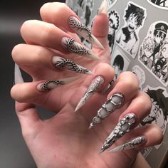 Centipede Nails, Nails White And Black, Ongles Goth, Press On Nails White, Stiletto Press On Nails, White And Black Design, Red Ombre Nails, Crazy Nail Designs, Witch Nails