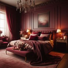 a bedroom with purple walls and red bedding, chandelier hanging from the ceiling