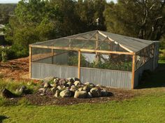 a small greenhouse with rocks in the foreground and trees in the backgroud