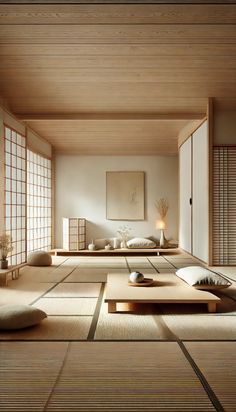 Embrace the tranquility of a Japanese-inspired minimalist living room with tatami mats, a low wooden table, and sliding shoji doors. The space is adorned with neutral tones, simple lines, and soft natural textures. Gentle sunlight filters through, creating a peaceful and calming atmosphere that reflects the serene beauty of Japanese design. Ideal inspiration for a zen-like retreat. Japanese Dressing Room, Tatami Mat Living Room, Japanese Minimalist Living Room, Japanese Environment, Japanese Inspired Living Room, Tatami Design, Traditional Japanese Bedroom, Modern Japanese Bedroom, Japanese Minimalist Bedroom