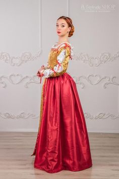 Red with gold Renaissance dress Medieval gown late 15th image 6 Wine Colored Dresses, Medieval Gown, Gown Gold, Italian Dress, Period Outfit, Medieval Dress, Costume Collection, Women's Costumes, Red And Gold