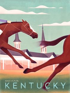 two horses are racing each other in front of a town