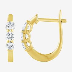 These women's hoop earrings are encrusted with three shimmering round-cut Lab-Grown Diamonds adding the right amount of sparkle to any ensemble. They're crafted from 10K Yellow Gold and secured with a hinged back. Wear them casually or for special occasions. Features: Quick ShipDiamond Clarity: I1Earring Back: HingedSetting: ProngStone Cut: RoundDiamond Color: H-IMetal Color: YellowEarring Length: 15.2mmEarring Width: 2.9mmRounded Carat Weight: 1/2 Ct. T.w.Care: Wipe CleanStone Type: 6 Lab Grow… Classic Hoop Earrings With Lever Back For Anniversary, Classic Huggie Earrings With Bail, Earrings Hoop, 10k Gold, White Diamond, Lab Grown, Round Cut, Hoop Earrings, Sparkle