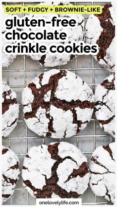 gluten - free chocolate crinkle cookies on a cooling rack with text overlay