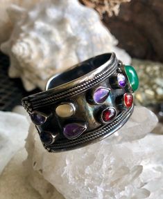 Beautiful Muiltistone Amethyst Green Stone Sterling Silver Vintage Cuff Bracelet weighs 49 grams Fusion Style Amethyst Multi-stone Jewelry, Fusion Style Multi-stone Amethyst Jewelry, Fusion Multi-stone Amethyst Jewelry, Amethyst Gemstone Bangle, Amethyst Multi-stone Healing Jewelry, Adjustable Multi-stone Cuff Bracelet Gift, Artisan Silver Multi-stone Cuff Bracelet, Silver Artisan Multi-stone Cuff Bracelet, Unique Amethyst Gemstone Bracelets