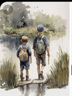 two children with backpacks and fishing poles by the water