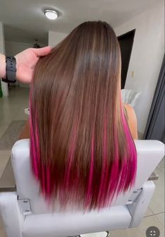 Pink Hair Brown Hair, Brown To Pink Balayage, Pink Underneath Hair, Pink Hair Tips, Pink Peekaboo Hair, Underdye Hair