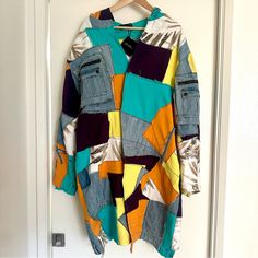 Unique One Of A Kind Handmade Multi-Colored Patchwork Jacket With Hoodie. A Local Los Angeles Artist Created This Completely By Hand. Never Worn, Tag Still Attached. Magnetic Buttons To Keep It Closed. Multicolor Relaxed Fit Outerwear With Pockets, Relaxed Fit Multicolor Outerwear With Pockets, Relaxed Fit Long Sleeve Patchwork Outerwear, Oversized Multicolor Patchwork Outerwear, Multicolor Relaxed Fit Cotton Outerwear, Orange Patchwork Outerwear For Spring, Multicolor Cotton Outerwear With Pockets, Multicolor Cotton Outerwear For Fall, Yellow Cotton Outerwear With Patchwork