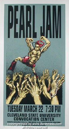 a poster for the pearl jam with hands in the air and people reaching up to it