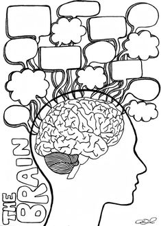 a drawing of a person's head with speech bubbles coming out of the brain