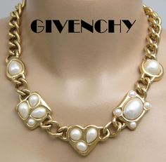 "Givenchy simulated pearl and gold tone chunky chain necklace is a luxe 1980's statement necklace that will work beautifully today.  The necklace has three central sections, a heart, rectangle and square with round, oval and pear-shaped simulated pearls set into them.  Round, oval and pear-shaped simulated pearls set into gold tone bezels complete the central focus of this beauty. The artistic and well thought out balance of the sections along the chain is an indication of this couture French de Vintage Givenchy Jewelry, Parfum Givenchy, Oversized Necklace, Givenchy Necklace, Chunky Chain Necklace, Gold Collar Necklace, Givenchy Jewelry, Expensive Jewelry Luxury, Pearl Necklace Vintage