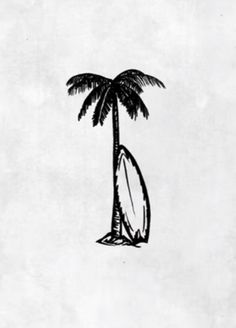 a drawing of a surfboard under a palm tree