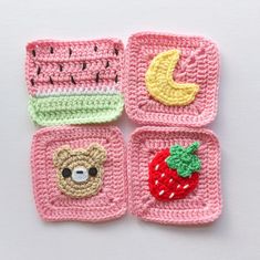 four crocheted coasters with fruit and animals on them