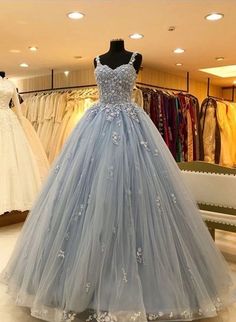 FYD093, Blue Lace Tulle Long Formal Dress, Prom Dress With Applique on Storenvy Grey Prom Dress Ball Gown, Plus Size Prom Dresses With Sleeves Blue, Prom Dresses 2023 Plus Size, Prom Dresses Puffy, Light Blue Ball Gown, Prom Dresses Plus Size, Blue Ball Gown, Ball Gown Prom Dress, Blue Ball Gowns