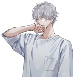 an anime character is posing for the camera with his hand on his chin and wearing a t - shirt