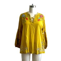 Johnny Was Lidia Effortless Peasant Embroidered Yellow Mustard Cotton Blouse Size Xs New With Tag Summer Rayon Blouse With Floral Embroidery, Yellow Floral Embroidered Blouse For Spring, Yellow Long Sleeve Tops With Floral Embroidery, Spring Yellow Blouse With Floral Embroidery, Yellow Blouse With Floral Embroidery For Spring, Yellow Embroidered Beach Top, Yellow Peasant Blouse For Spring, Yellow Bohemian Long Sleeve Peasant Top, Yellow Folk Style Spring Blouse