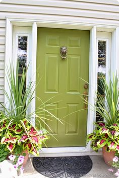 a green front door with two potted plants