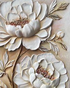 a painting of two white flowers on a beige background with leaves and buds in the center