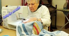 an elderly woman is sewing on a sewing machine with the words sew behind her