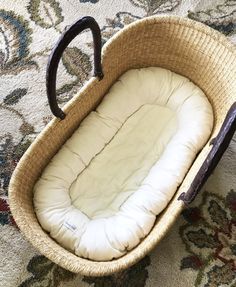 a baby bassinet is sitting on the floor