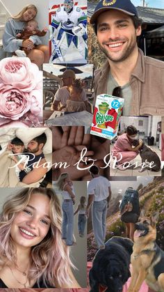 a collage of photos with people, dogs and other things in the background that include roses