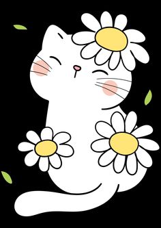 a white cat with flowers on its head sitting in front of a black background and looking at the viewer