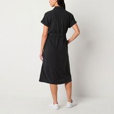 Add this a.n.a women's short-sleeve midi dress to your rotation for effortless work or everyday style in warm weather. It's made from a soft twill blend with a button-front and tie closures, a point collar, and multiple pockets. Team this utilitarian style with heeled or flat sandals. Closure Type: ButtonNeckline: Collar NeckPockets: 2 Side Slip Pockets, 2 Front Flap PocketsSleeve Length: Short SleeveSleeve Style: Dolman SleeveApparel Length: 46.5 Inches - FrontDress Length: Long LengthFiber Co… Shirt Dress Black, Utilitarian Style, Large Dress, Midi Short Sleeve Dress, Shirt Dresses, Midi Shirt Dress, Black Shirt Dress, Everyday Style, Flat Sandals