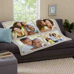 a couch with two pictures on it and a blanket that has the same family photos printed on it