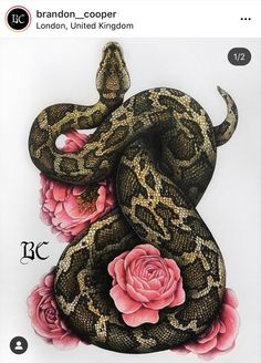 a drawing of a snake with roses on it