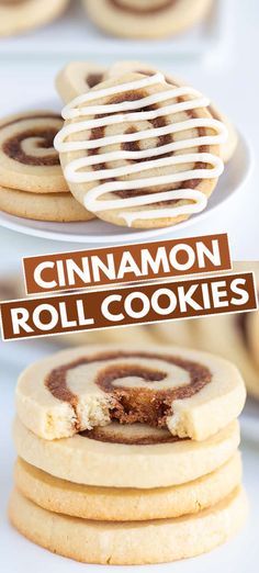 cinnamon roll cookies stacked on top of each other with the title overlay reading, cinnamon roll cookies