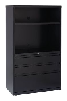 a black bookcase with two drawers on one side and an open drawer on the other