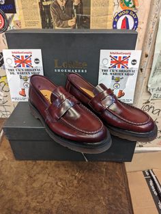 These are an unbelievable quality shoe. They are original,Loakes loafers with Dr Martens sole . These were made in the 1990s, when Loakes were able to make their own shoes with the DM sole. They are a beautiful Burgundy colour and a classic penny loafer design.  A shoe that offers style in abundance. We have sizes 3-5, 36-38 available Vintage Leather Loafers With Rubber Sole, Vintage Loafers With Leather Sole And Round Toe, Classic Low-top Platform Loafers With Rubber Sole, Retro Leather Sole Loafers With Round Toe, Vintage Slip-on Loafers With Round Toe, Classic Slip-on Platform Loafers With Vibram Sole, Retro Leather Loafers With Closed Toe, Retro Leather Closed Toe Loafers, Vintage Brogue Loafers With Round Toe