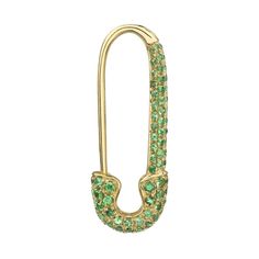 18k yellow gold tsavorite safety pin earring.46cts tsavorite  The safety pin is fully pavéd with diamonds on one side. choose the ear you plan to wear it in so that more diamonds will show facing forward. Opens and closes just like a standard safety pin.Sold individually. Available for LEFT or RIGHT side Shown in the photo with two Baguette and Diamond Ear Cuffs and a One of a Kind Emerald Cut Emerald Stud. #AKSFTG-YG Safety Pin Earring, Diamond Ear Cuff, Safety Pin Earrings, Ear Cuffs, Left Or Right, Safety Pin, Paper Clip, Lapel Pins, Yellow Color