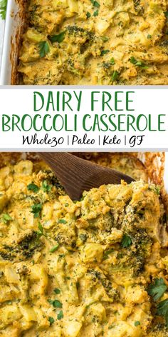 broccoli casserole in a white dish with a wooden spoon on the side