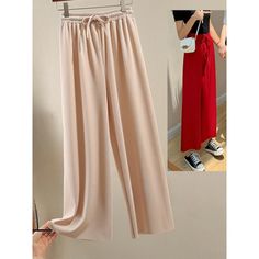 Stay cool and stylish this summer with our Women's Ice Silk Ankle Length Casual Summer Pants. These pants are perfect for the modern woman who wants to stay comfortable while looking great. The straight pant style and solid pattern keep it simple and versatile, while the high waist provides both comfort and coverage. The drawstring closure allows you to adjust the fit to your liking, and the loose fit makes them perfect for those hot summer days. The ankle length provides a modern touch, making Plain Ankle-length Pants For Spring, Solid Plain Ankle-length Pants, Spring Plain Ankle-length Pants, Solid Summer Capris With Elastic Waistband, Chic Solid Color Summer Capris, Solid Color Plain Ankle-length Pants, Versatile Solid Color Straight Harem Pants, Stretch Beige Wide Leg Pants, Summer Ankle-length Solid Color Harem Pants