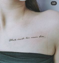 a woman with a tattoo on her chest that says, what might her not be?